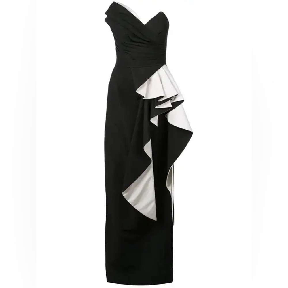 RUBIN SINGER Strapless‎ Black White Silk Faille Side Peplum Gown 14 red carpet